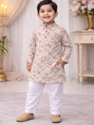 Break or Die | Hand & Heart™ Kids Cream Floral Printed Panjabi Set with White Pajama | 4T