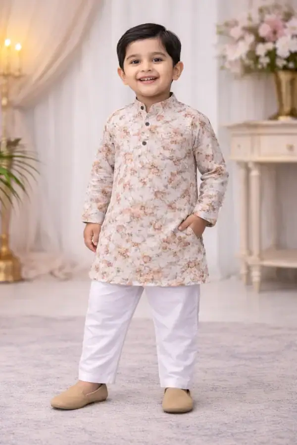 Kids floral printed Panjabi and white pajama set for boys, perfect for special occasions and traditi.