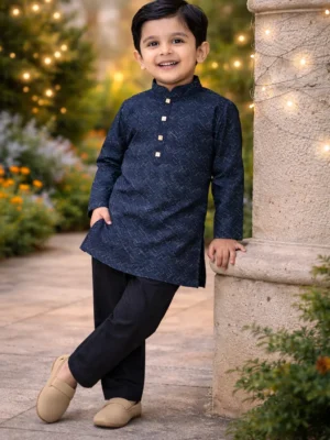 Break Or Die | Hand & Heart™ Kids Navy Blue Geometric Printed Kurta Set with Black Pajama | 5T