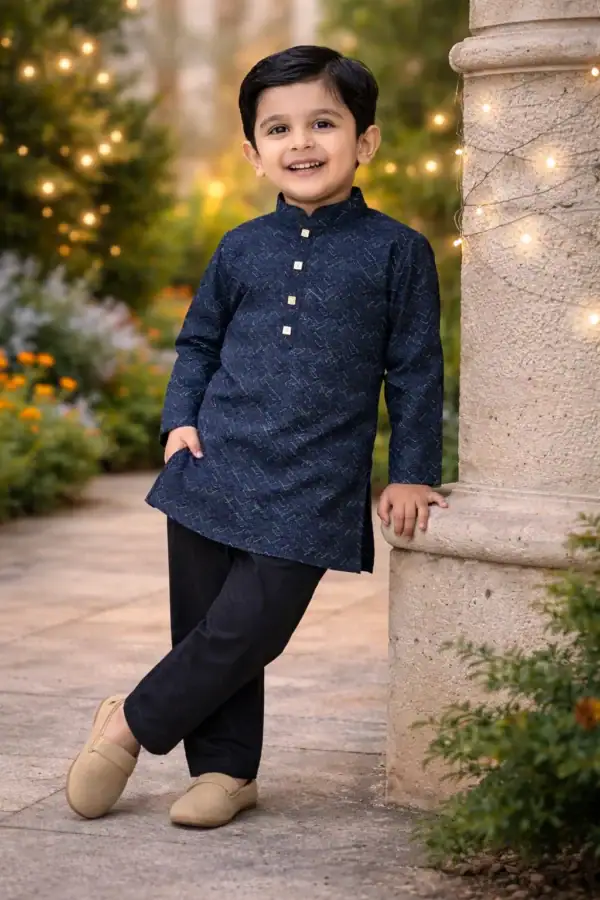 Navy blue geometric printed kids kurta with black pajama, perfect for festive occasions and family g.