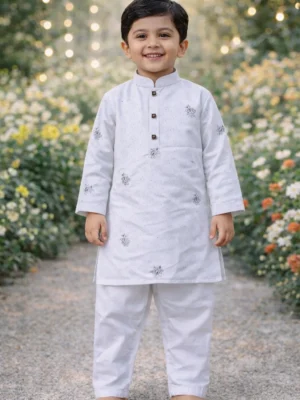 Break or Die | Hand & Heart™ Kids Light Grey Embroidered Kurta & White Pajama Set | 4T