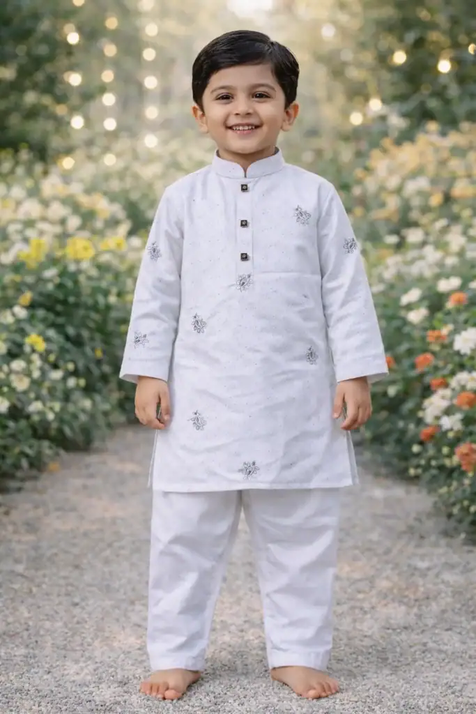 Boy wearing light grey embroidered kurta and white pajama set for kids, perfect for special occasion.