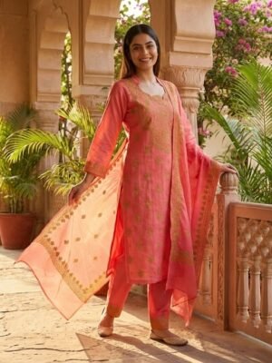 BreakOrDie - Hand & Heart™ Three-Piece Women’s Ethnic Set – Hand-Embroidered Elegance - Rose Blush / Coral Pink