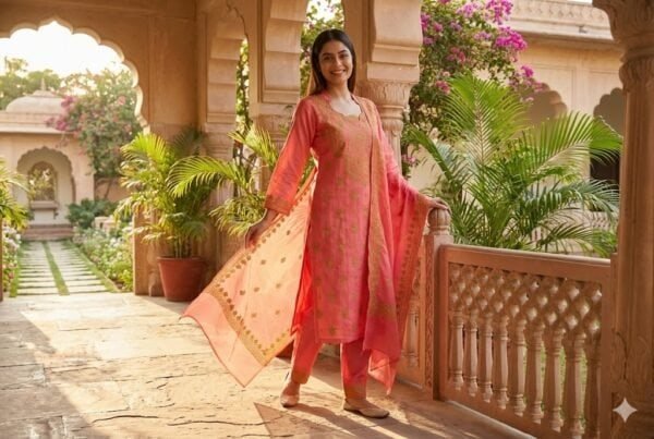 BreakOrDie - Hand & Heart™ Three-Piece Women’s Ethnic Set – Hand-Embroidered Elegance - Rose Blush / Coral Pink