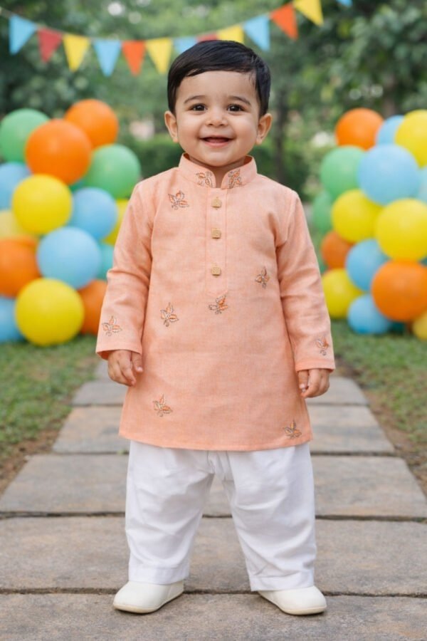 Adorable young boy smiling at a colorful outdoor celebration with balloons and festive decorations.