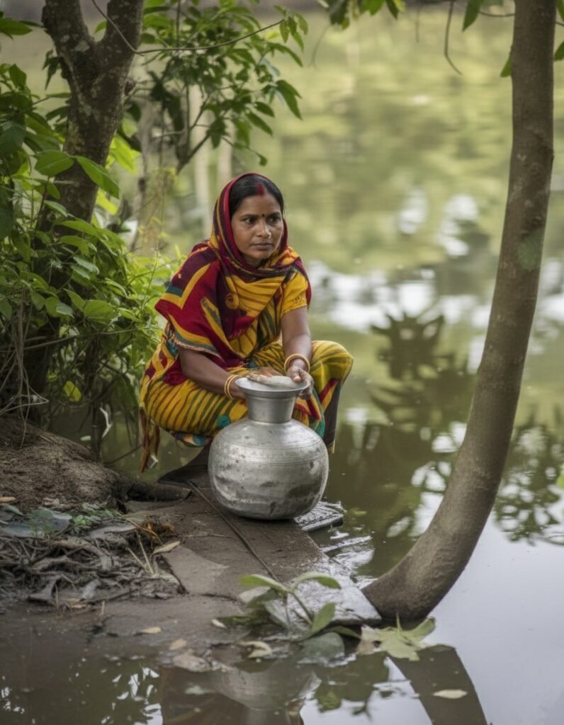 Shared pond used by livestock and households, illustrating water contamination risks in smallholder farming communities.