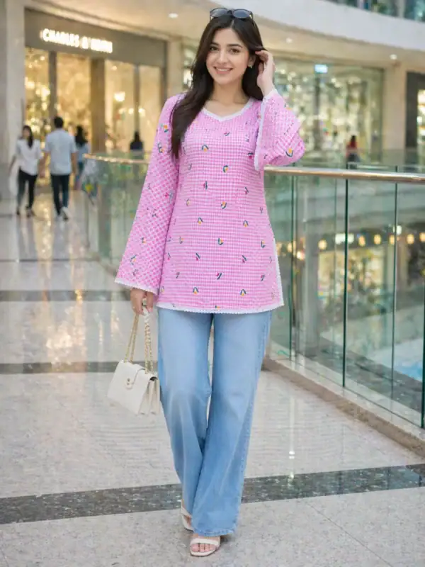 Break or Die | Hand & Heart™ Women’s Pink Gingham Embroidered Cotton Short Kurti