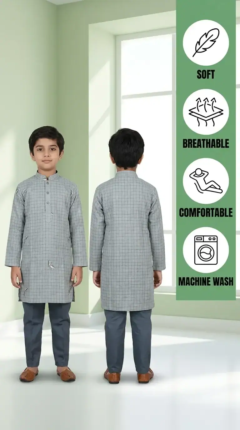 Break Or Die | Hand & Heart™ Kids Ash Grey Check Panjabi Set with Navy Blue Pajama | 3T 4T 5T - Image 4