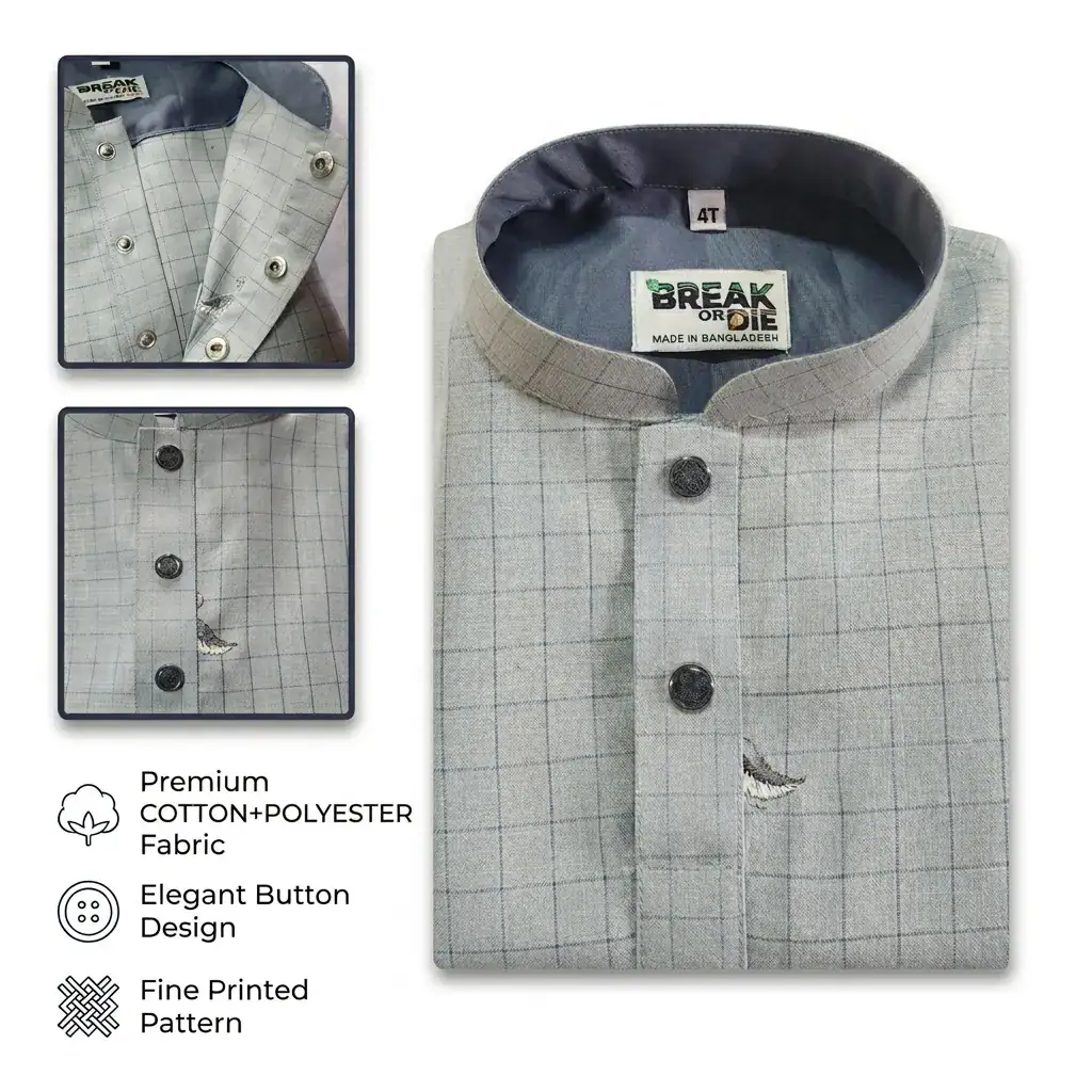 Break Or Die | Hand & Heart™ Kids Ash Grey Check Panjabi Set with Navy Blue Pajama | 3T 4T 5T - Image 5