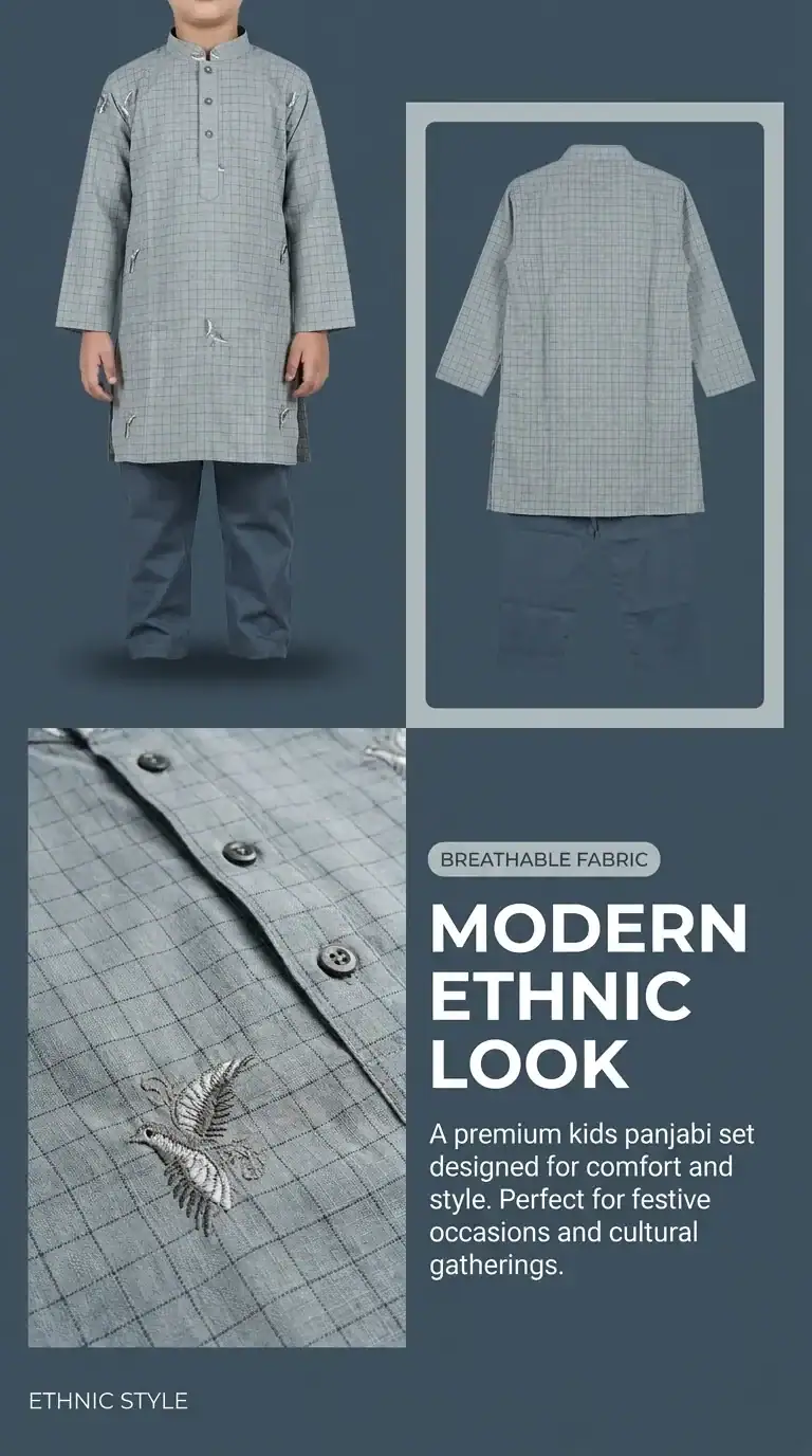 Break Or Die | Hand & Heart™ Kids Ash Grey Check Panjabi Set with Navy Blue Pajama | 3T 4T 5T - Image 6