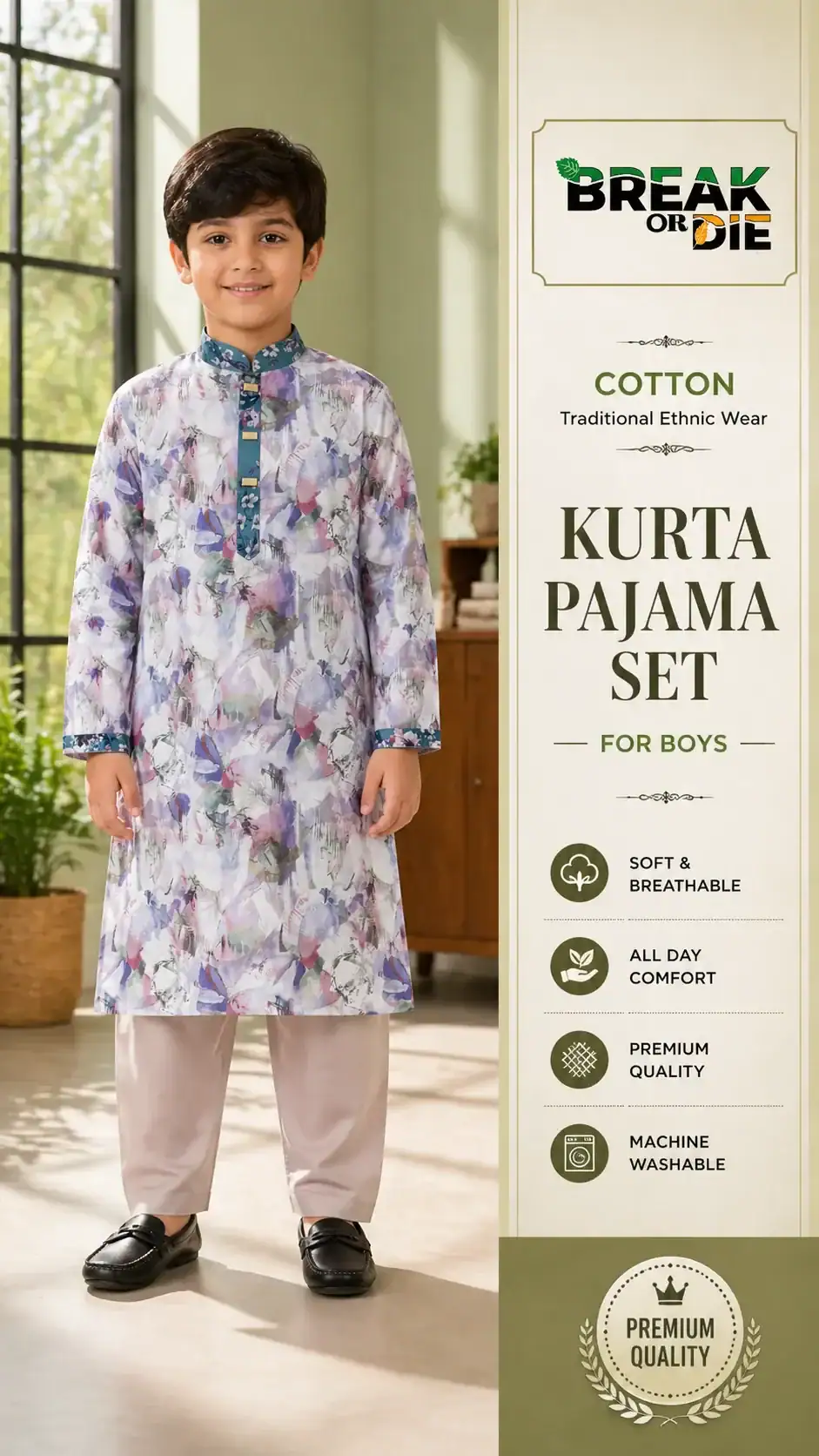 Baby boy wearing ivory abstract printed panjabi set with beige pajama by Break Or Die stylish festive outfit