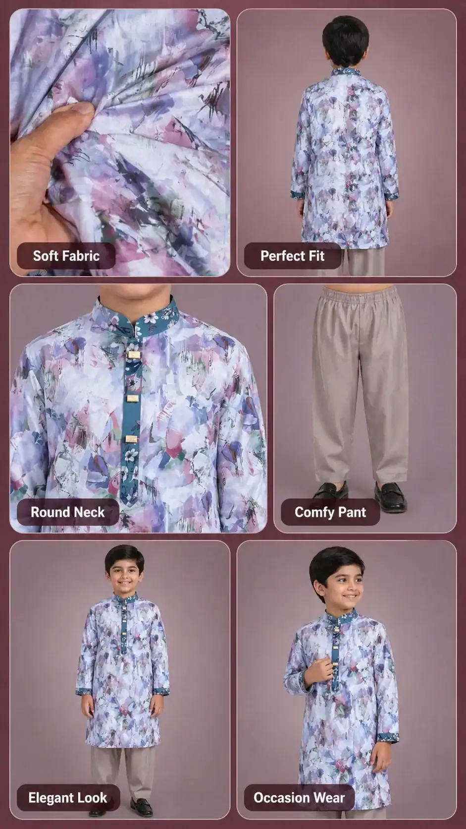 Ivory abstract printed kids panjabi pajama set perfect for Eid and family occasions with an elegant traditional look
