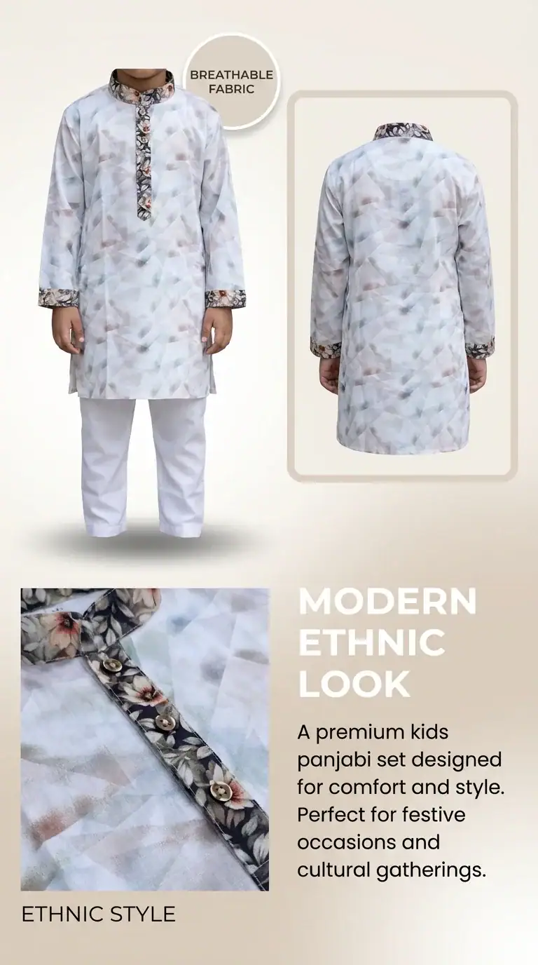 Break Or Die | Hand & Heart™ Kids Ivory Blossom Panjabi Pajama Set Festive Wear | 2T 4T - Image 6