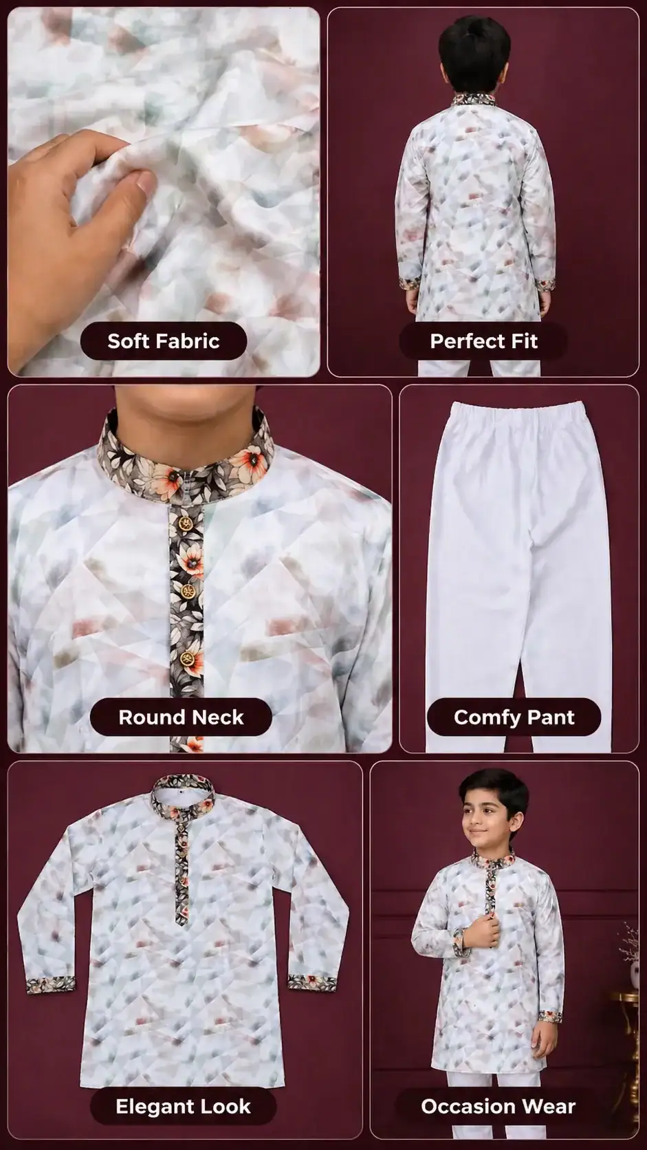 Break Or Die | Hand & Heart™ Kids Ivory Blossom Panjabi Pajama Set Festive Wear | 2T 4T - Image 7