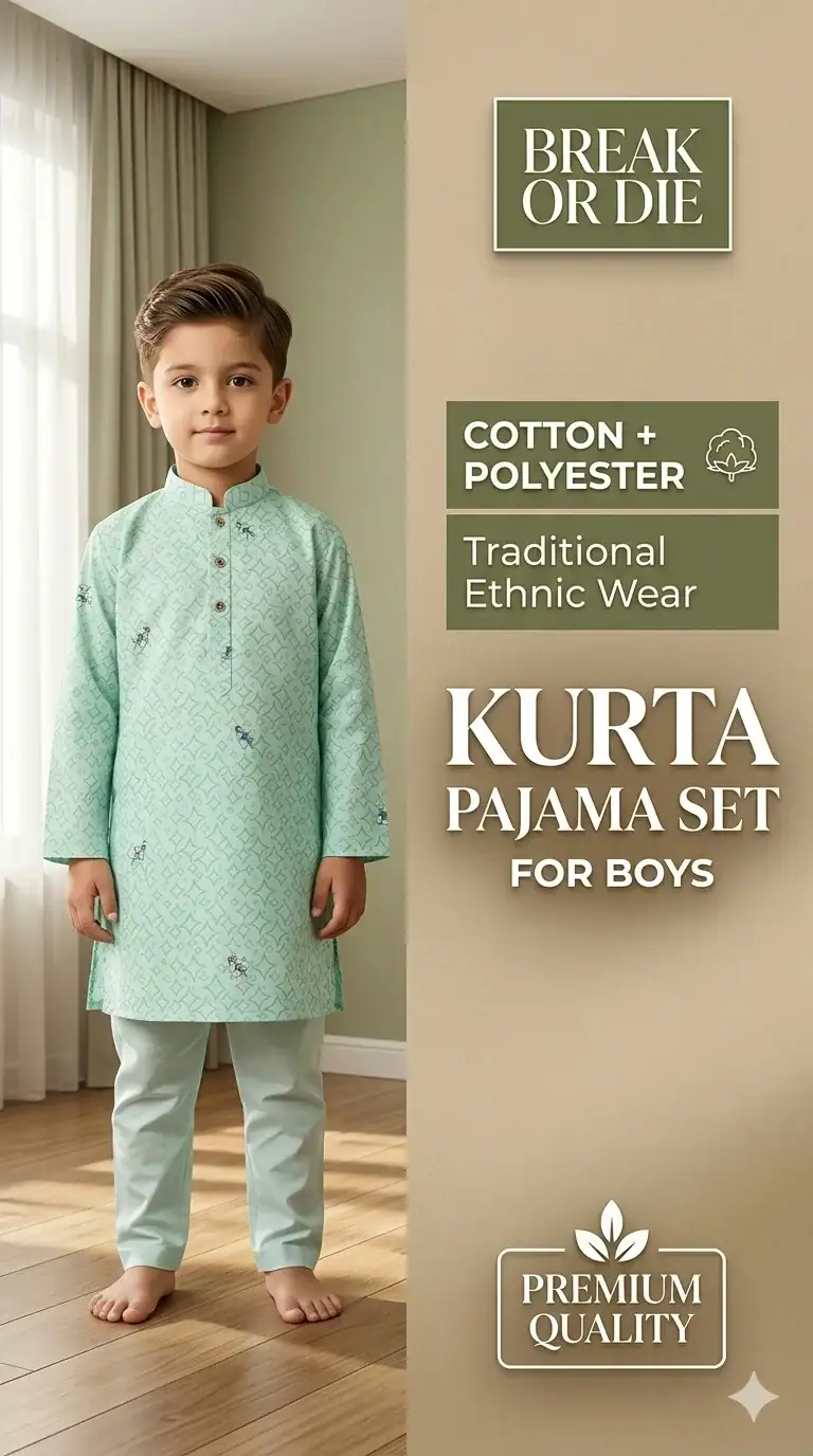 Boy wearing mint green printed panjabi pajama set by Break Or Die stylish festive kids outfit