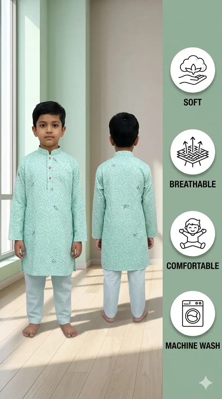 Boy wearing mint green printed panjabi pajama set by Break Or Die stylish festive kids outfit