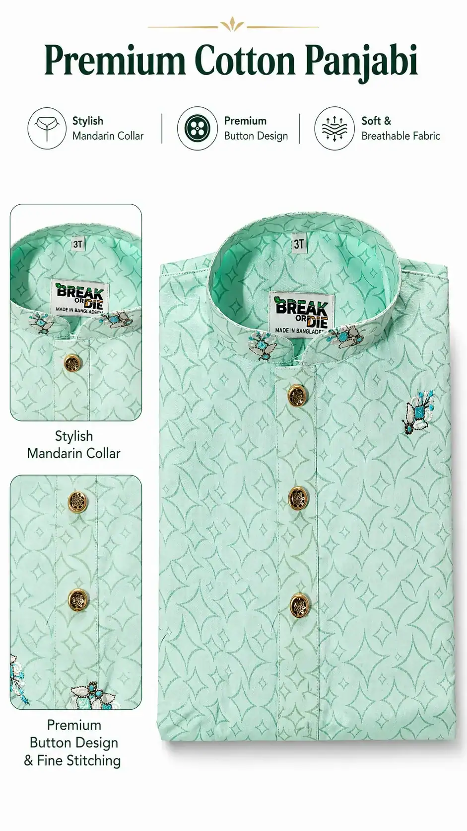 Close-up of mint green print on kids panjabi set premium fabric detail with matching pajama Break Or Die