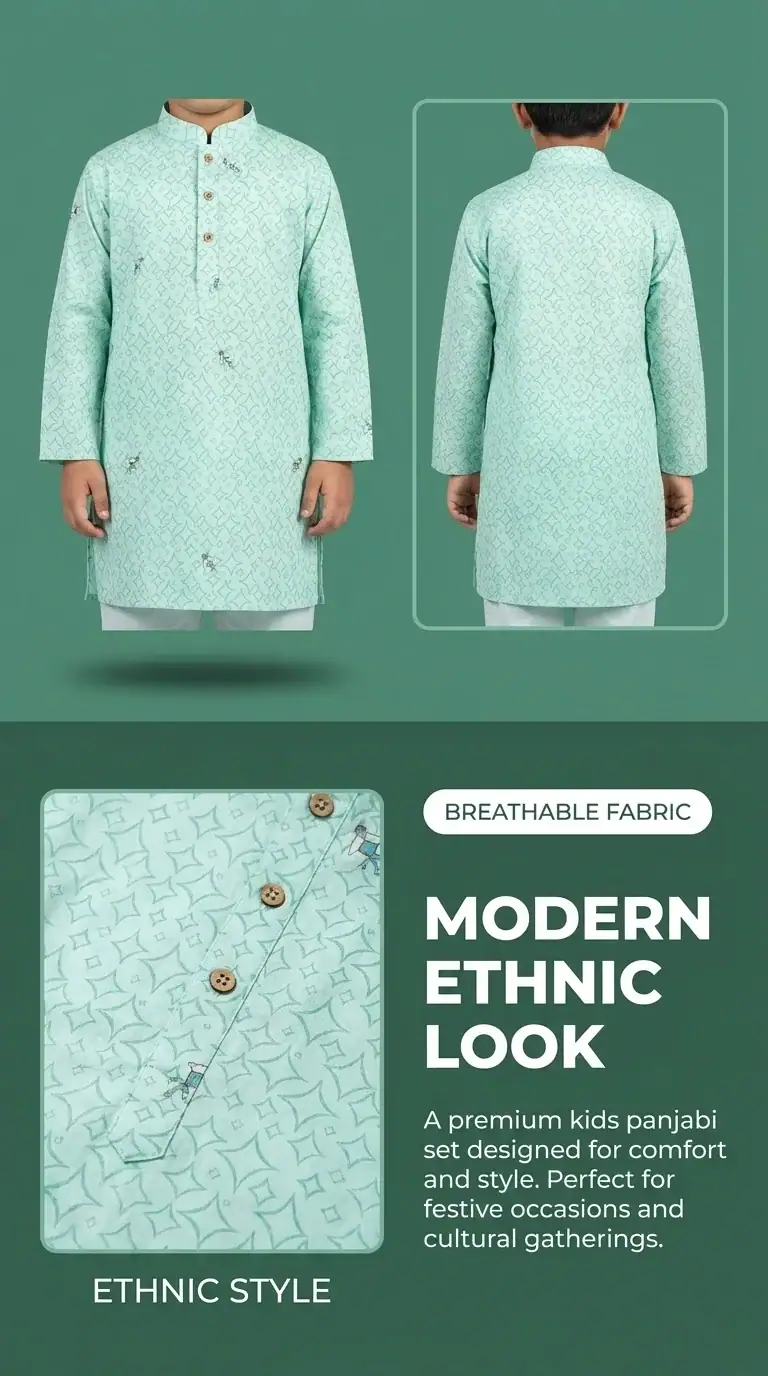 Back view of mint green printed kids panjabi set with matching pajama by Break Or Die traditional outfit
