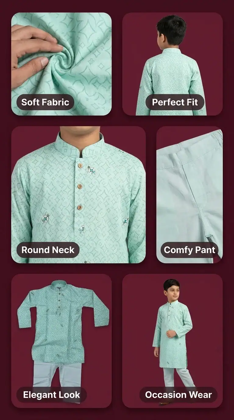 Mint green printed kids panjabi pajama set perfect for Eid and family occasions elegant traditional wear