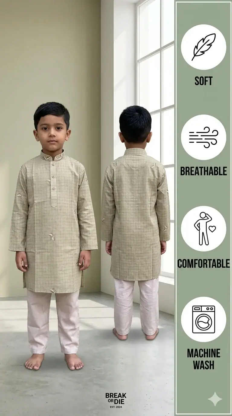 Break Or Die | Hand & Heart™ Kids Sand Beige Embroidered Panjabi Set with Cream Pajama | 3T 4T 5T - Image 4