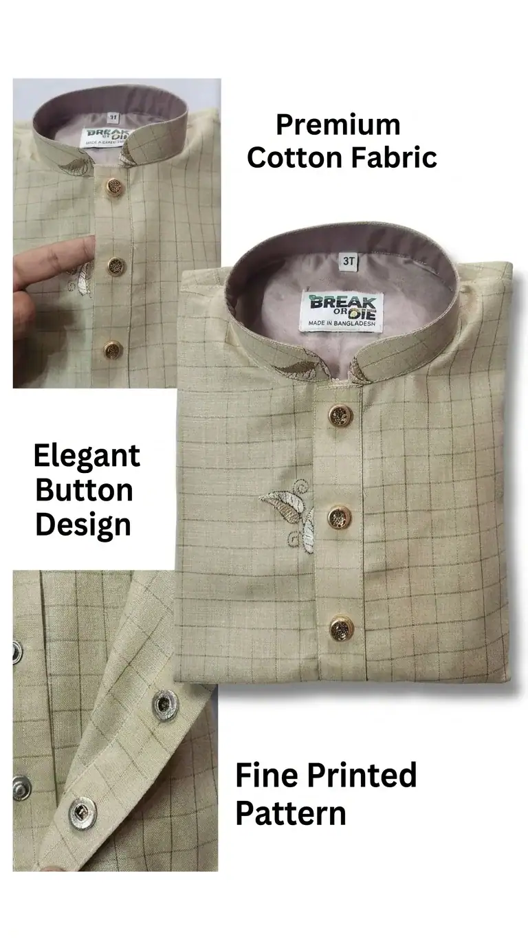 Break Or Die | Hand & Heart™ Kids Sand Beige Embroidered Panjabi Set with Cream Pajama | 3T 4T 5T - Image 5