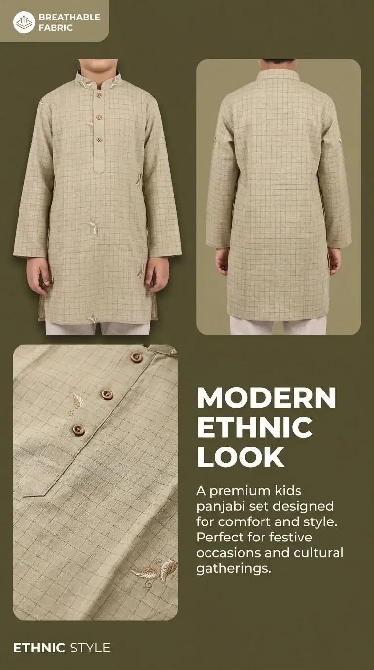 Break Or Die | Hand & Heart™ Kids Sand Beige Embroidered Panjabi Set with Cream Pajama | 3T 4T 5T - Image 6