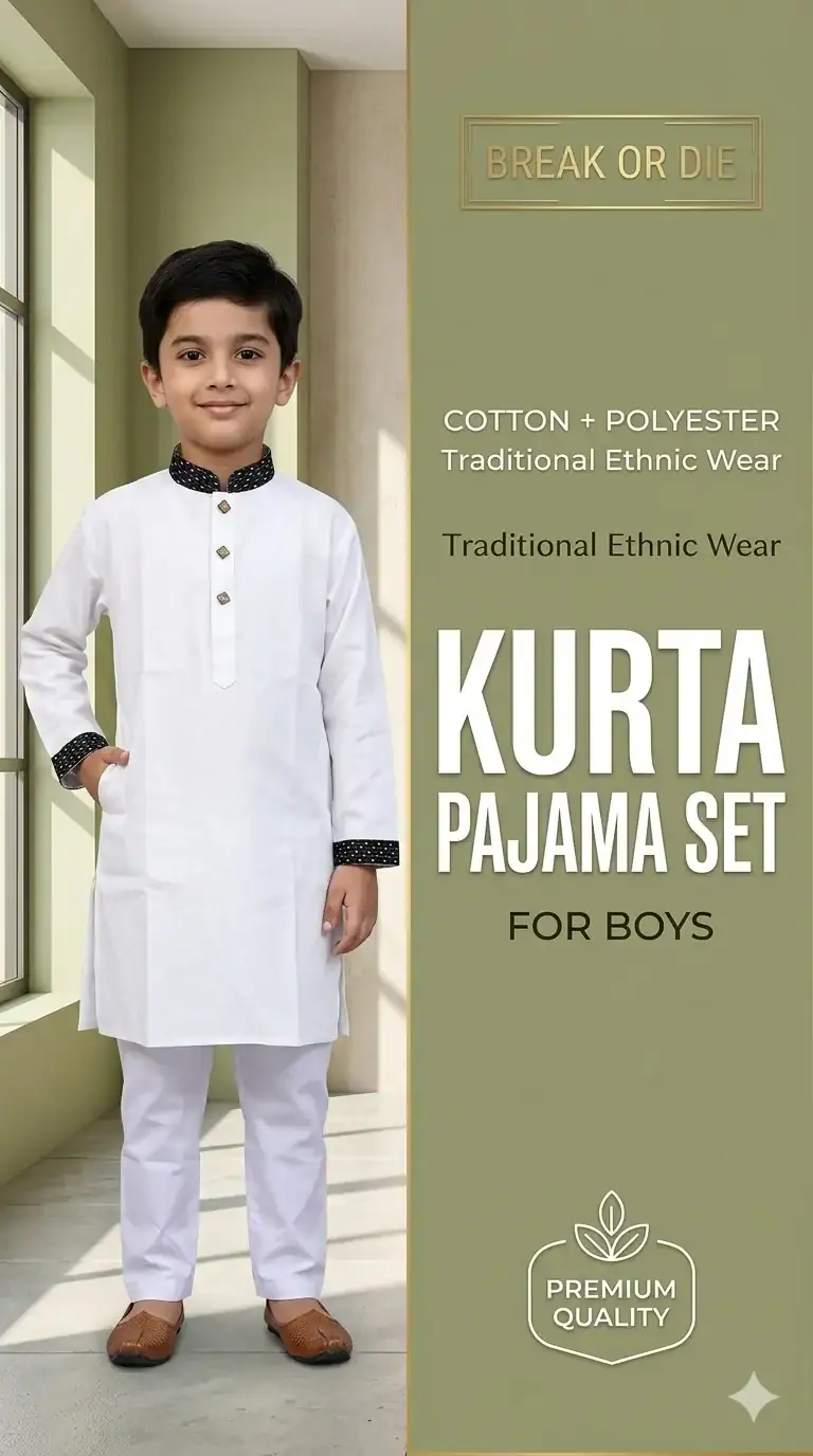 Boy wearing white classic panjabi pajama set by Break Or Die traditional and festive kids outfit