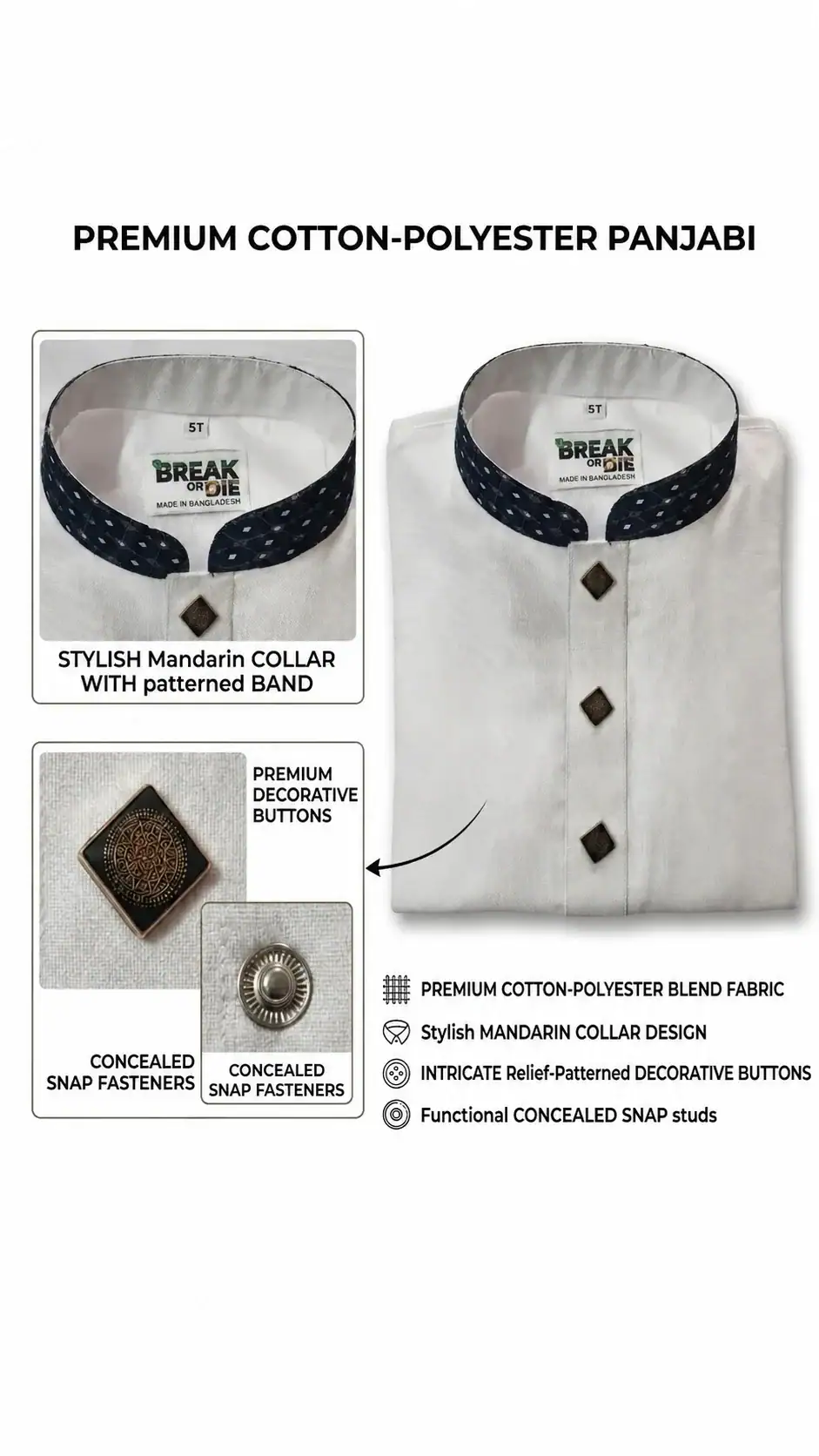 Close-up of white classic kids panjabi set premium fabric detail with matching pajama clean elegant design