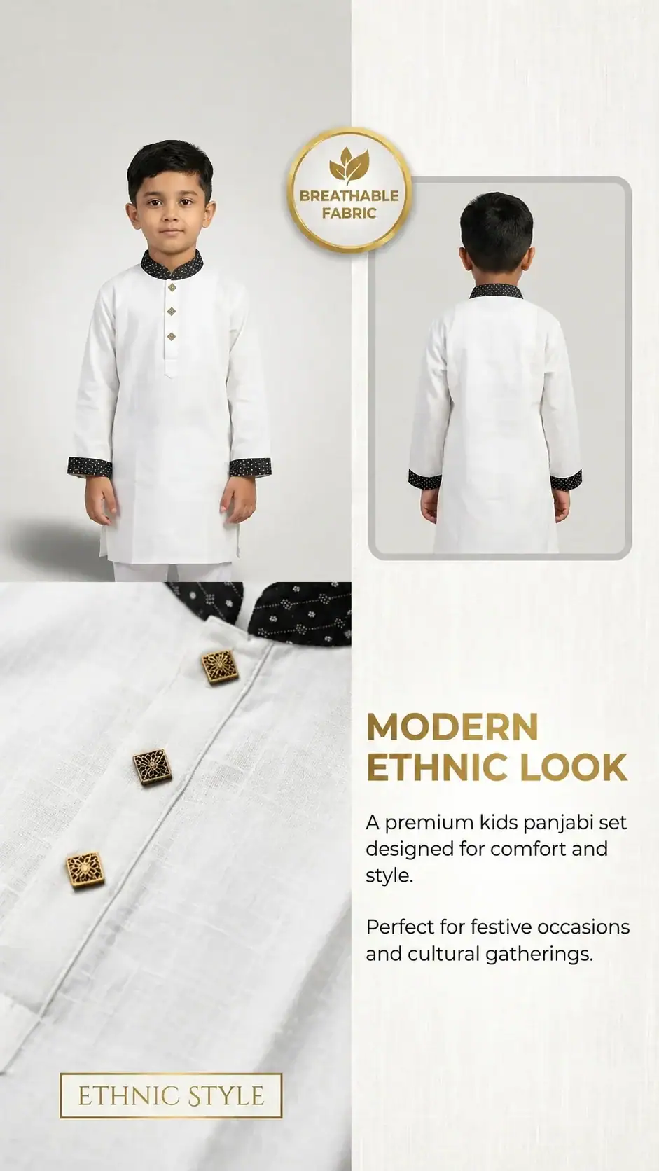 Back view of white classic kids panjabi set with matching pajama by Break Or Die traditional outfit