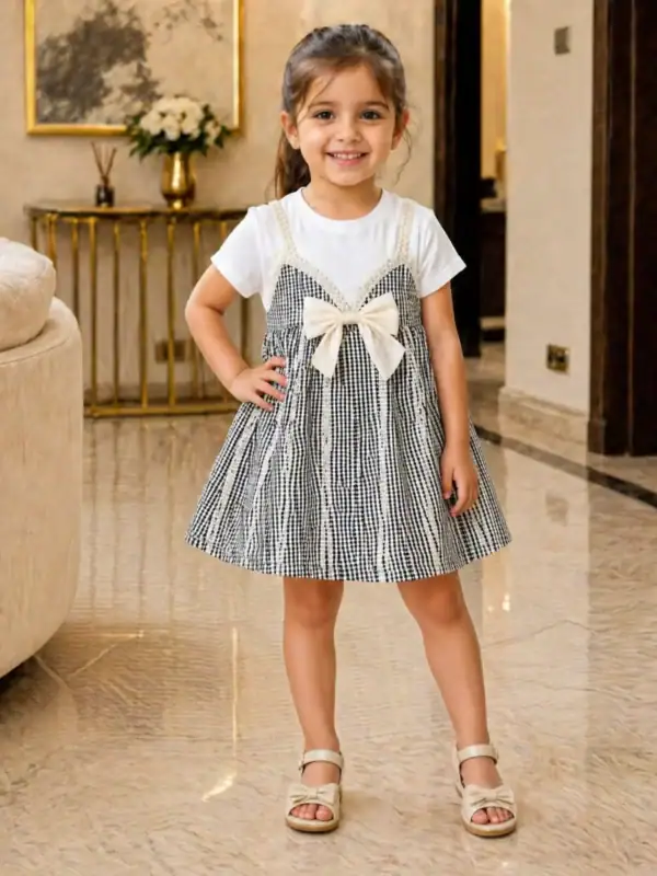 Break or Die | Hand & Heart™ 3Y Girls Checkered Toper Set – Midnight Pearl & Cherry Bloom | Handmade by Village Women