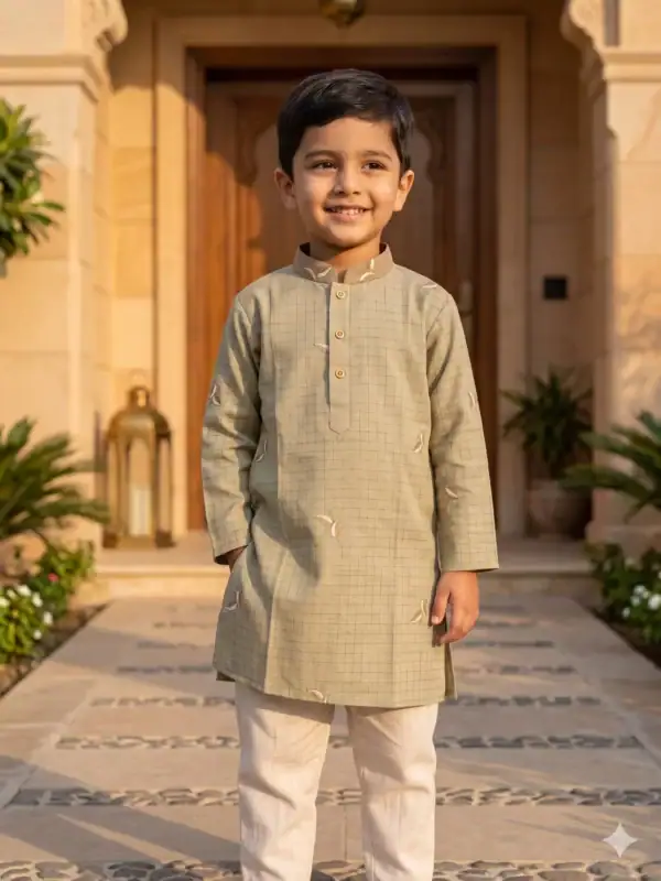 Break Or Die | Hand & Heart™ Kids Sand Beige Embroidered Panjabi Set with Cream Pajama | 3T 4T 5T