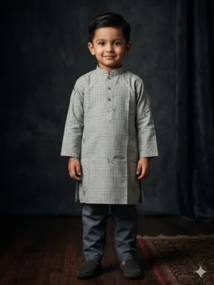 Break Or Die | Hand & Heart™ Kids Ash Grey Check Panjabi Set with Navy Blue Pajama | 3T 4T 5T