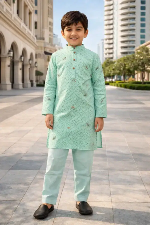 Break Or Die | Hand & Heart™ Kids Mint Green Printed Panjabi Set with Mint Green Pajama | 2T 3T 4T 5T 6T