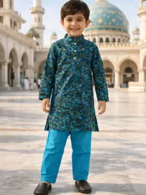 Break Or Die | Hand & Heart™ Kids Royal Blue Marble Printed Panjabi Set with Sky Blue Pajama | 2T 3T 4T 5T 6T