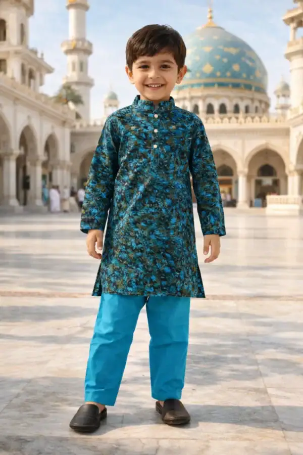 Break Or Die | Hand & Heart™ Kids Royal Blue Marble Printed Panjabi Set with Sky Blue Pajama | 2T 3T 4T 5T 6T