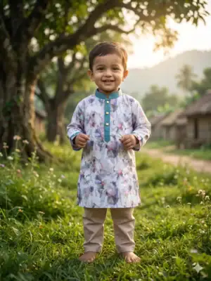 Break Or Die | Hand & Heart™ Kids Ivory Abstract Printed Panjabi Set with Beige Pajama | 3M 2T 3T