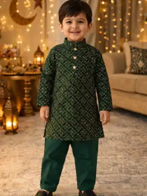Break Or Die | Hand & Heart™ Kids Emerald Green Geometric Printed Panjabi Set with Emerald Green Pajama | 2T 3T 4T 5T 6T
