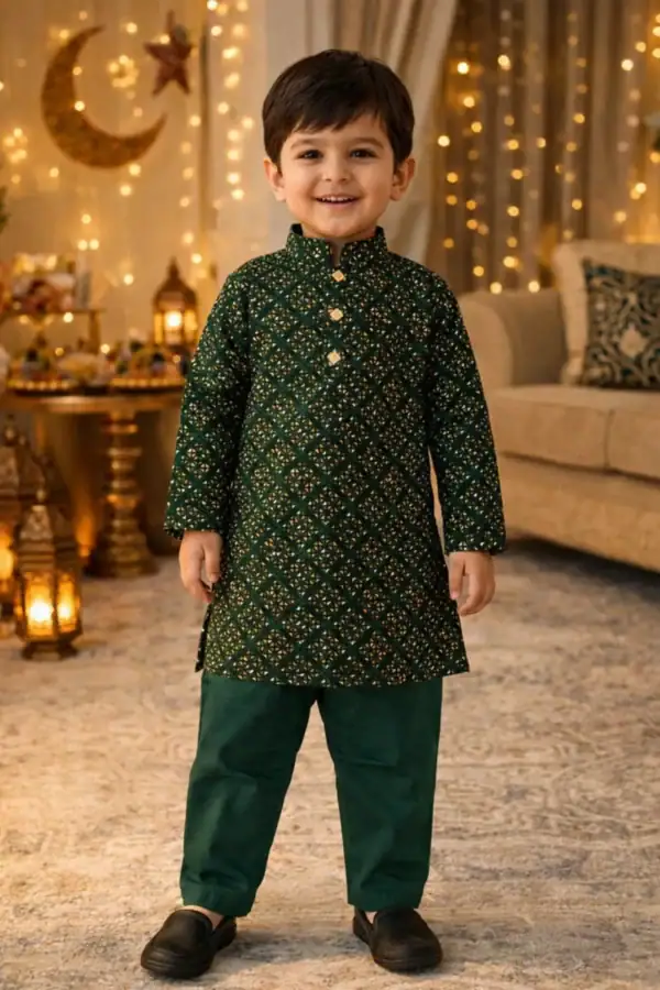 Break Or Die | Hand & Heart™ Kids Emerald Green Geometric Printed Panjabi Set with Emerald Green Pajama | 2T 3T 4T 5T 6T