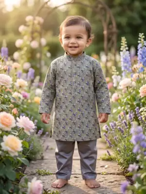 Break Or Die | Hand & Heart™ Kids Olive Floral Printed Panjabi Set with Charcoal Grey Pajama | 18M 2T 3T