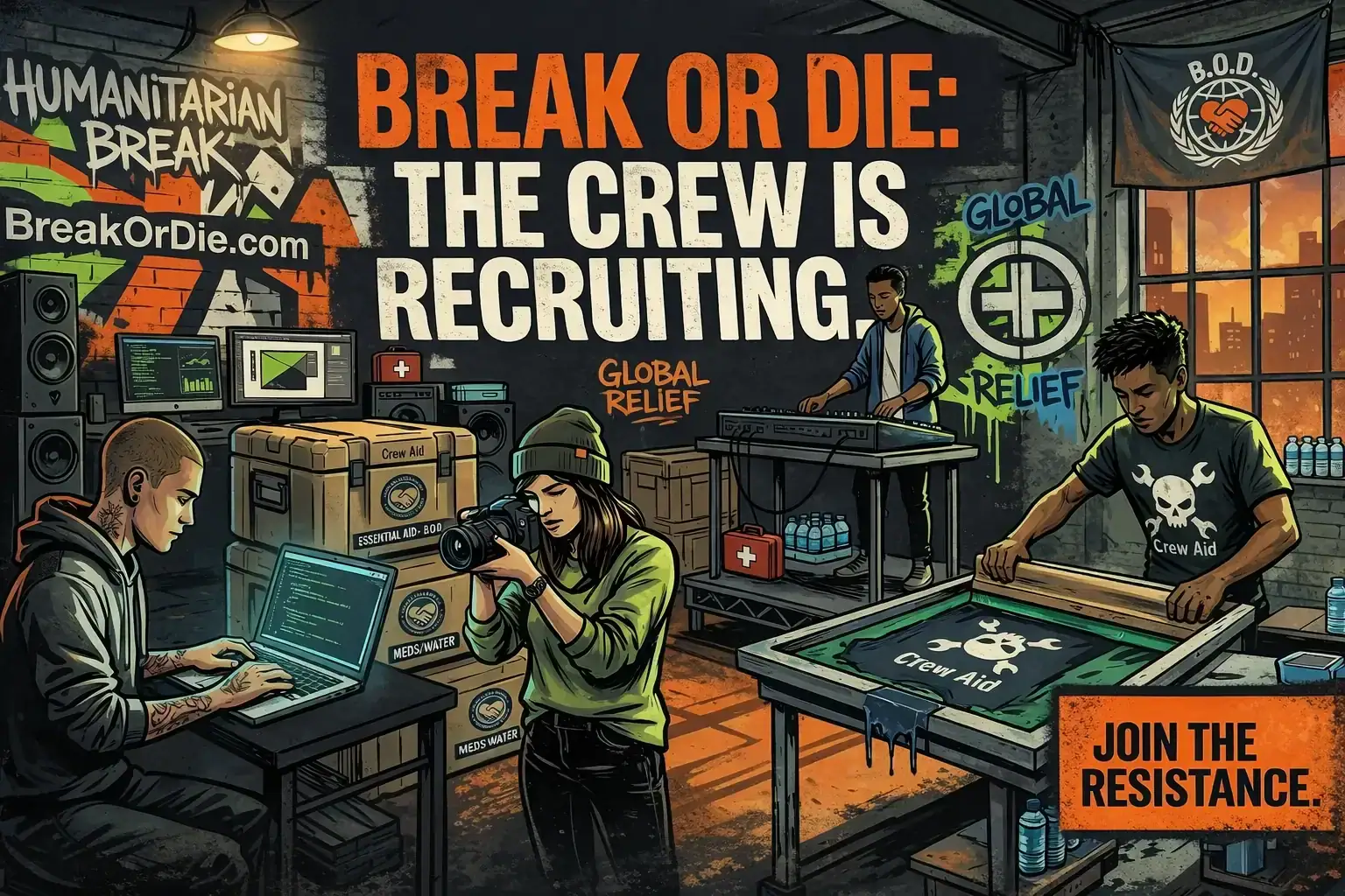 BreakOrDie crew collaborating on tech, apparel design, and humanitarian aid logistics
