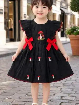 BreakOrDie black embroidered mushroom 100% premium cotton girls boutique dress with red satin bows