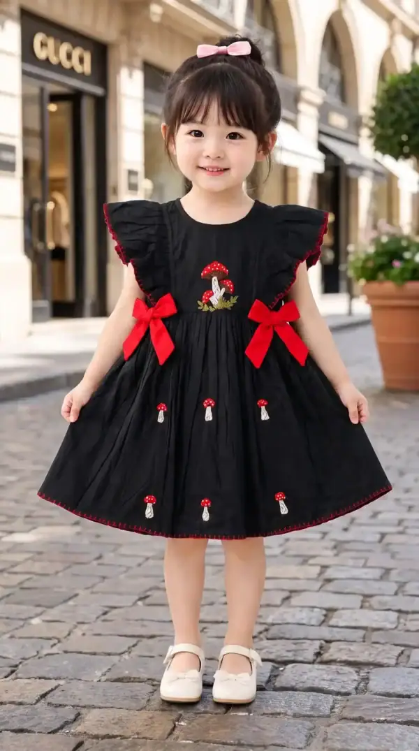 BreakOrDie black embroidered mushroom 100% premium cotton girls boutique dress with red satin bows