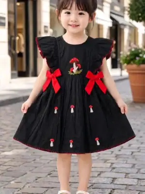BreakOrDie black embroidered mushroom 100% premium cotton girls boutique dress with red satin bows