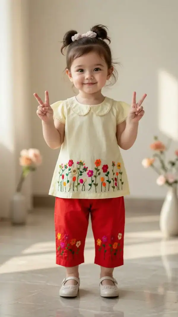 BreakOrDie Hand & Heart girls 4T ivory cotton top and red pants with colorful floral embroidery