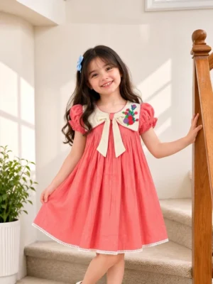 Hand & Heart |  Premium Coral Pink Embroidered Cotton Dress for Toddler Girls | 2T, 3T, 4T & 5T