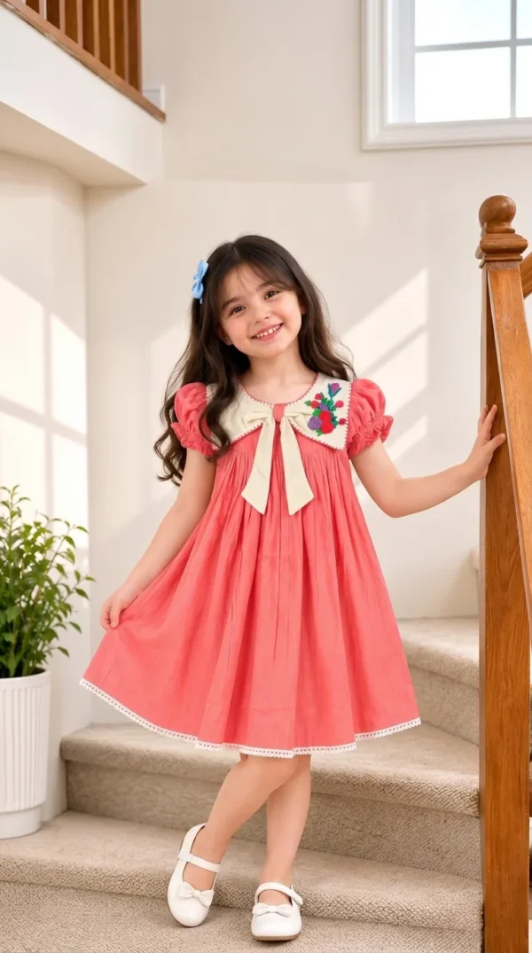 Hand & Heart |  Premium Coral Pink Embroidered Cotton Dress for Toddler Girls | 2T, 3T, 4T & 5T