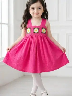 BreakOrDie luxury handmade pink eyelet cotton girls dress with crochet daisy bodice