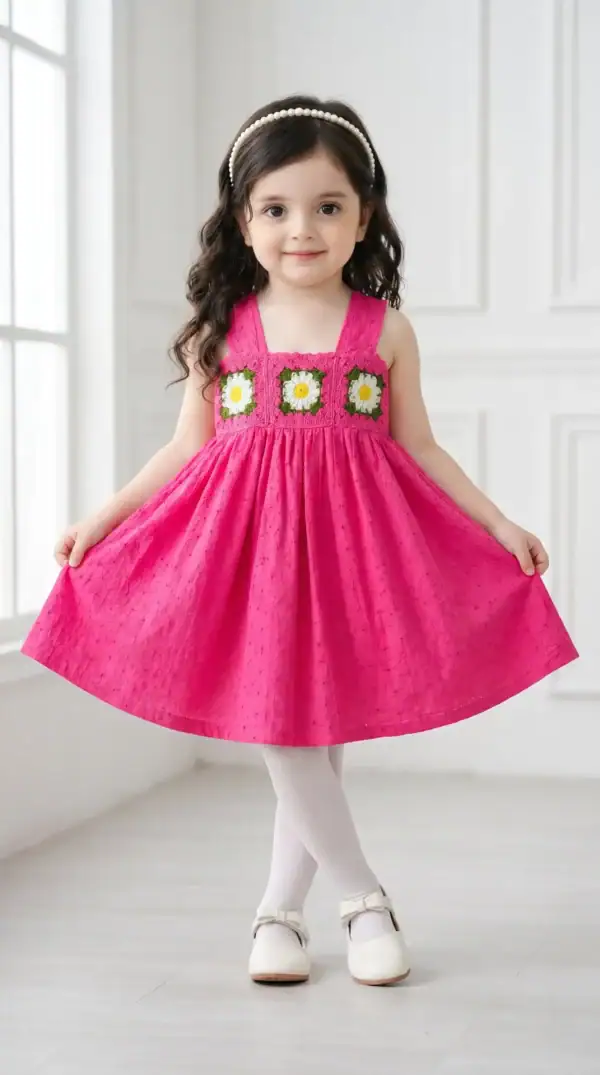BreakOrDie luxury handmade pink eyelet cotton girls dress with crochet daisy bodice