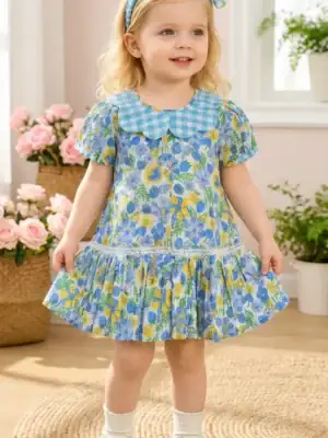 BreakOrDie girls floral print 100% cotton dress with Peter Pan collar and matching bow headband