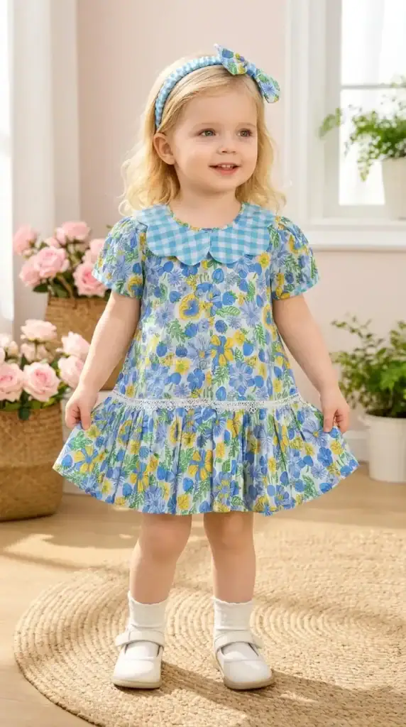 BreakOrDie girls floral print 100% cotton dress with Peter Pan collar and matching bow headband